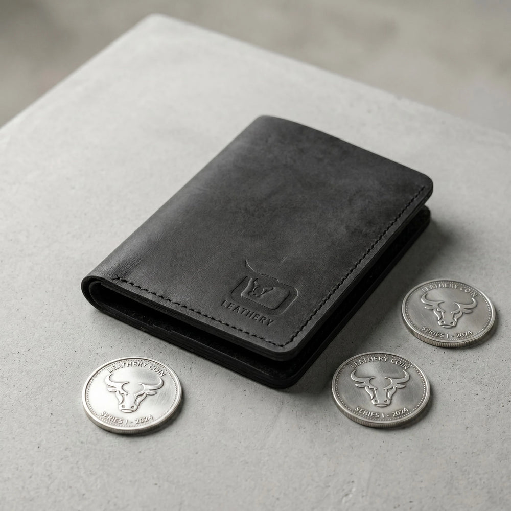 Rugged unisex leather card holder in Charcoal Black | Leathery