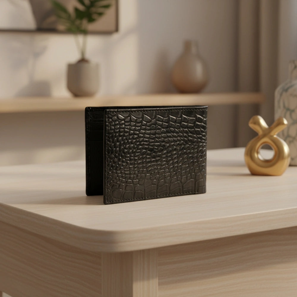 Dollar size textured leather wallet in Glossy Black | Leathery