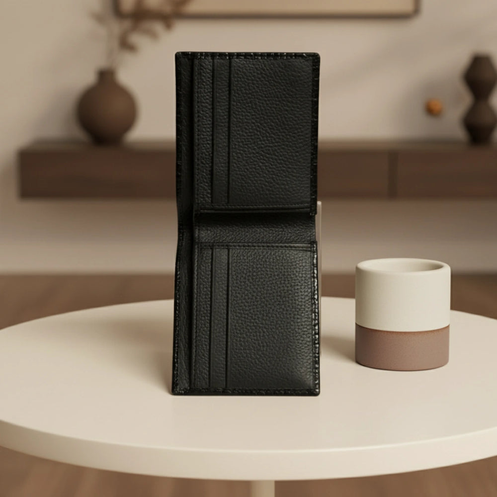 Dollar size textured leather wallet in Glossy Black | Leathery
