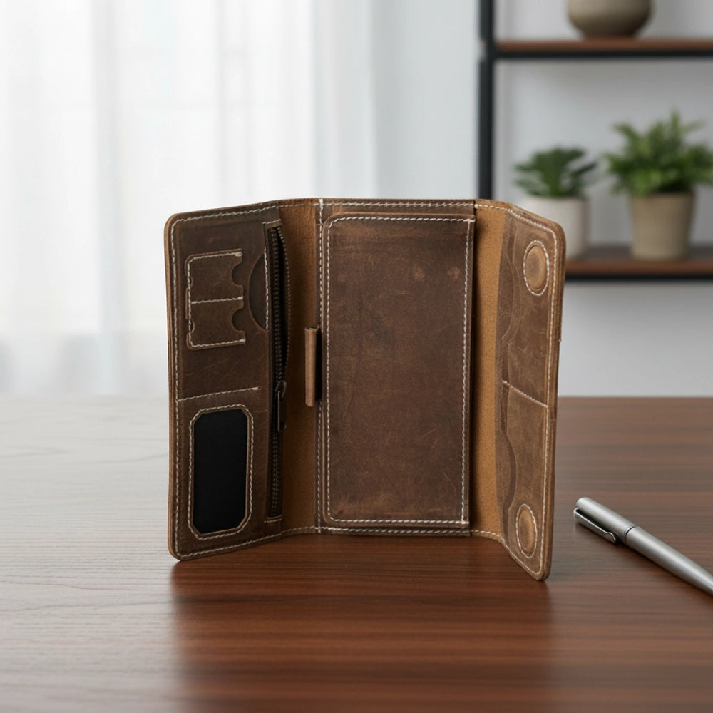 Unisex leather trifold wallet with magnetic lock in Dusty Forest Umber | Leathery