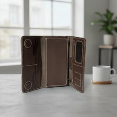 Unisex leather trifold wallet with magnetic lock in Espresso Matte Taupe | Leathery