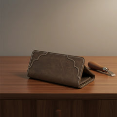 Unisex leather trifold wallet with magnetic lock in Walnut Brown | Leathery