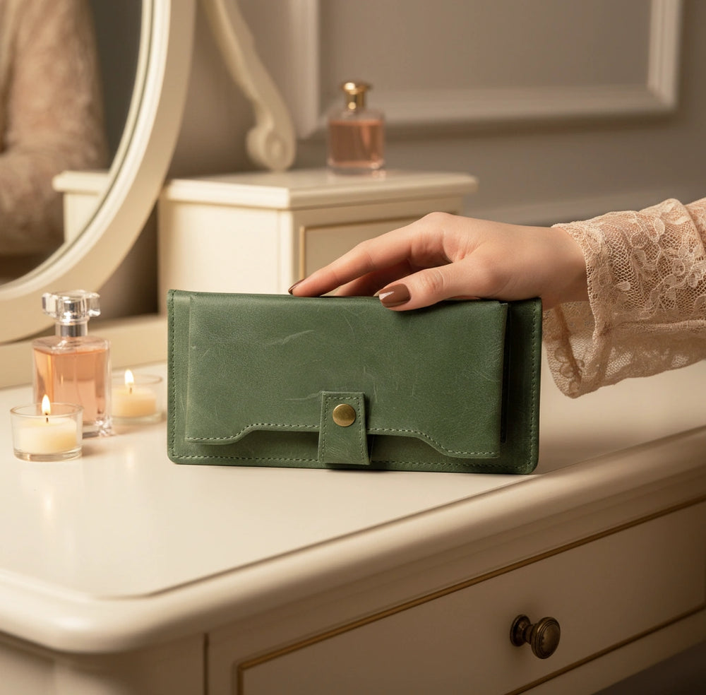 Ladies leather clutch wallet with zip around in Noir Siege Green | Leathery
