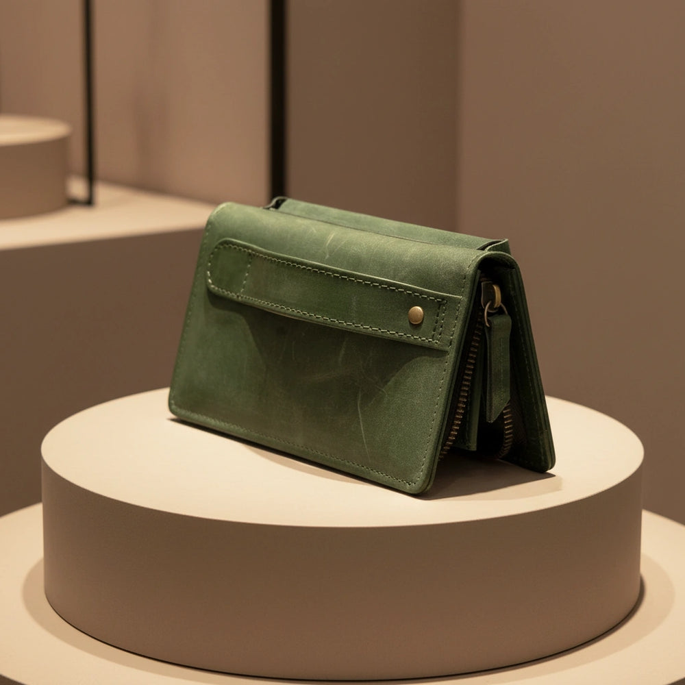 Ladies leather clutch wallet with zip around in Noir Siege Green | Leathery
