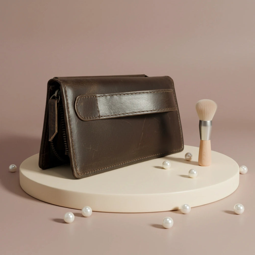 Ladies leather clutch wallet with zip around in Dark Truffle Walnut Choco | Leathery