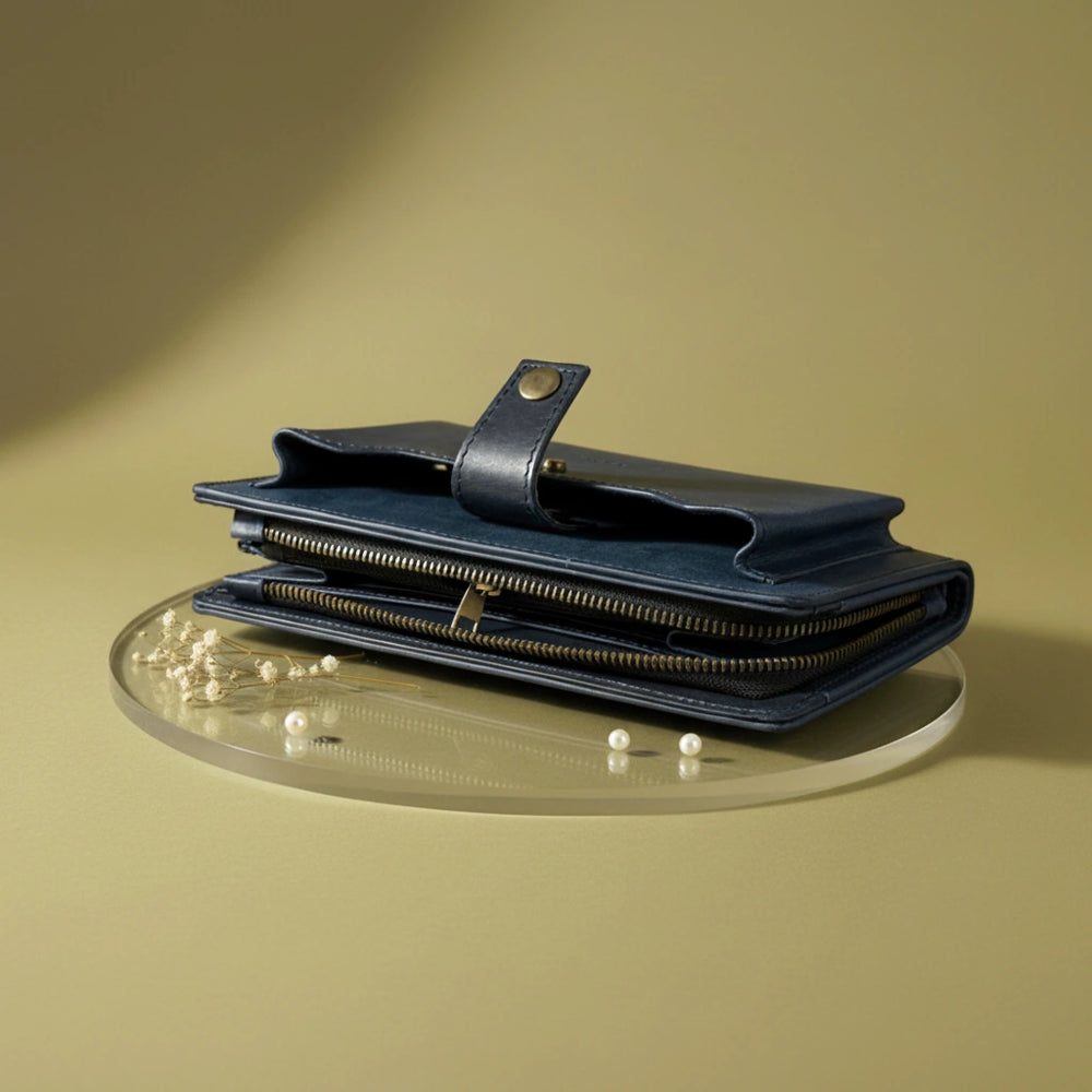 Ladies leather clutch wallet with zip around in Prestige Navy Blue | Leathery