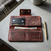Unisex long leather wallet with snap closure in Deep Burgundy Maroon | Leathery
