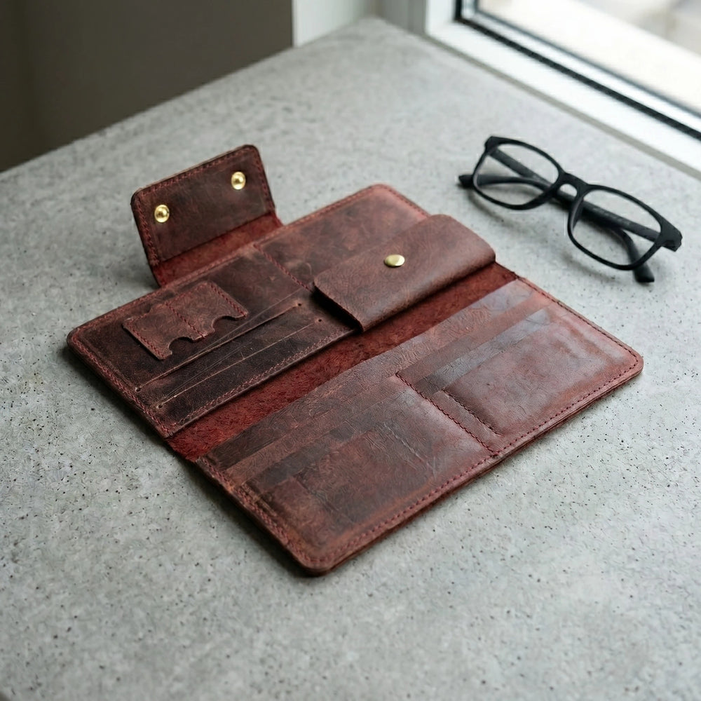 Unisex long leather wallet with snap closure in Deep Burgundy Maroon | Leathery