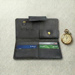 Unisex long leather wallet with snap closure in Charcoal Black | Leathery