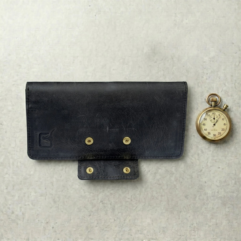 Unisex long leather wallet with snap closure in Charcoal Black | Leathery