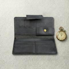 Unisex long leather wallet with snap closure in Charcoal Black | Leathery