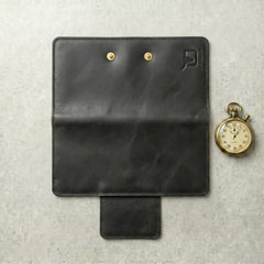 Unisex long leather wallet with snap closure in Charcoal Black | Leathery