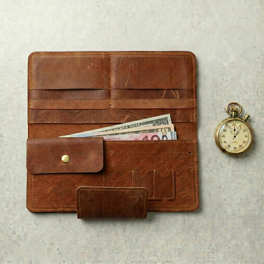 Unisex long leather wallet with snap closure in Copper Saddle Brown | Leathery
