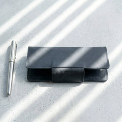 Unisex long leather wallet with snap closure in Midnight Navy Blue | Leathery