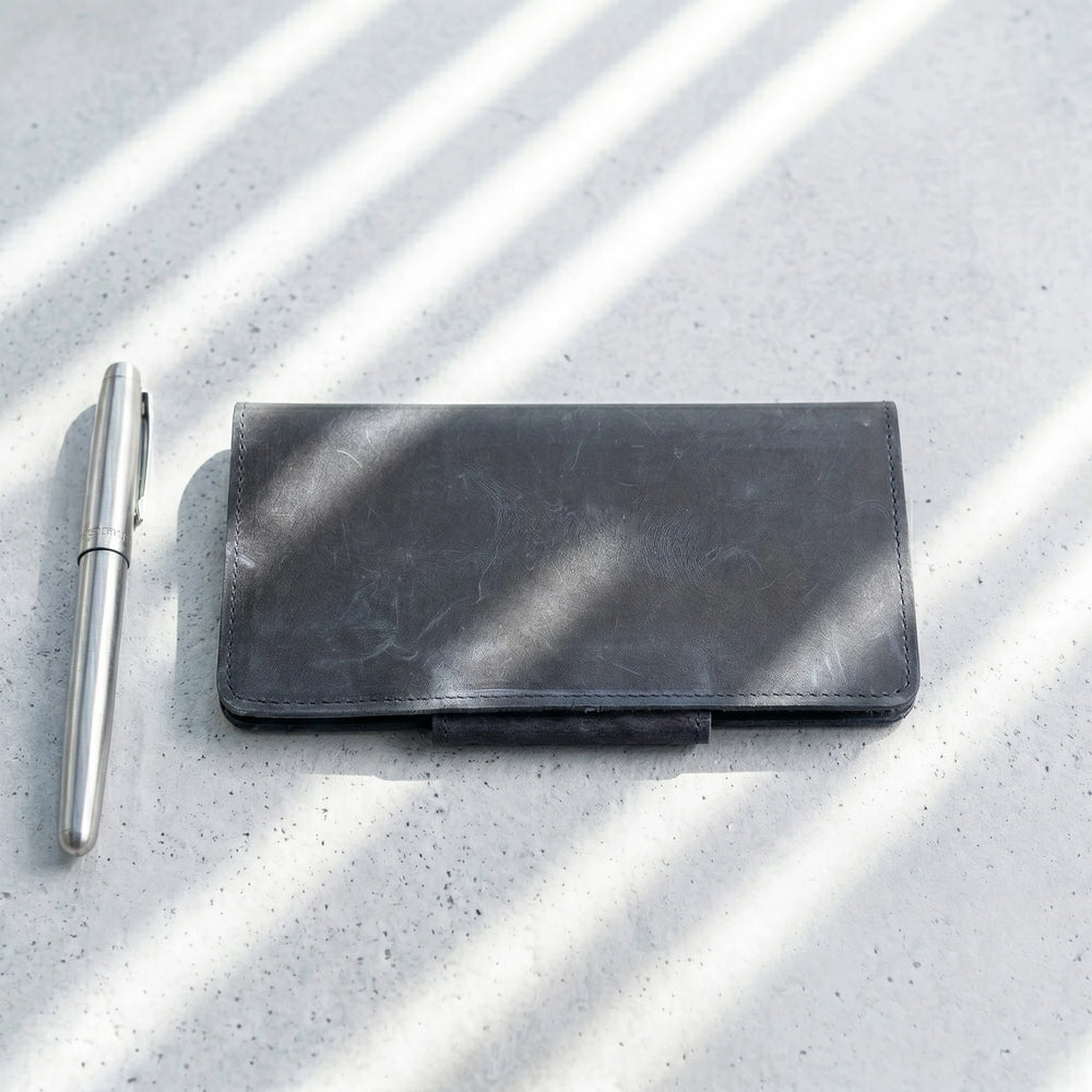 Unisex long leather wallet with snap closure in Midnight Navy Blue | Leathery