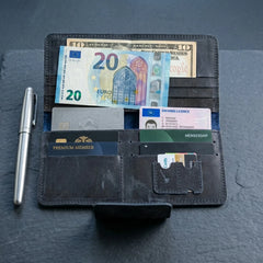 Unisex long leather wallet with snap closure in Midnight Navy Blue | Leathery