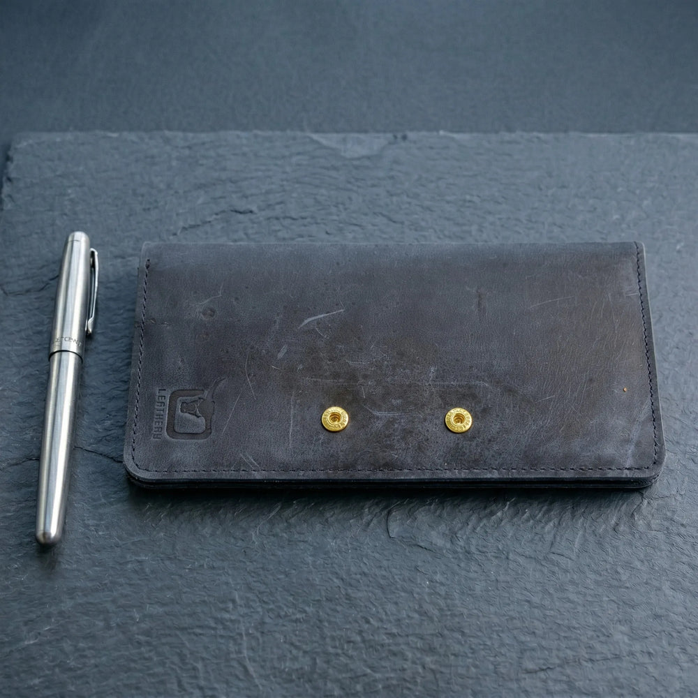 Unisex long leather wallet with snap closure in Midnight Navy Blue | Leathery