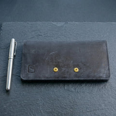 Unisex long leather wallet with snap closure in Midnight Navy Blue | Leathery