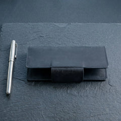 Unisex long leather wallet with snap closure in Midnight Navy Blue | Leathery