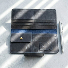Unisex long leather wallet with snap closure in Midnight Navy Blue | Leathery
