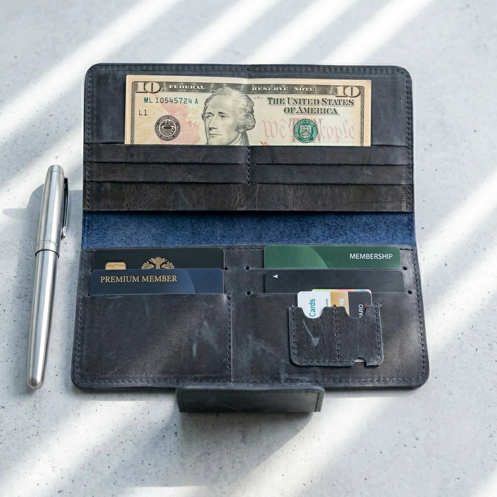 Unisex long leather wallet with snap closure in Midnight Navy Blue | Leathery