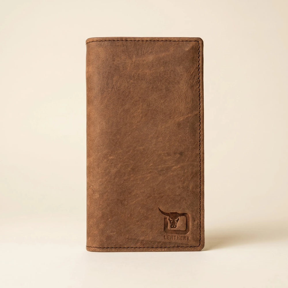 Men's long leather wallet with magnetic close in Saddle Brown | Leathery