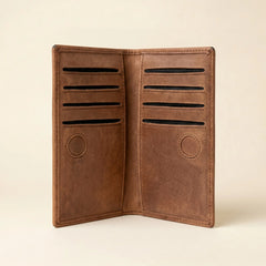 Men's long leather wallet with magnetic close in Saddle Brown | Leathery