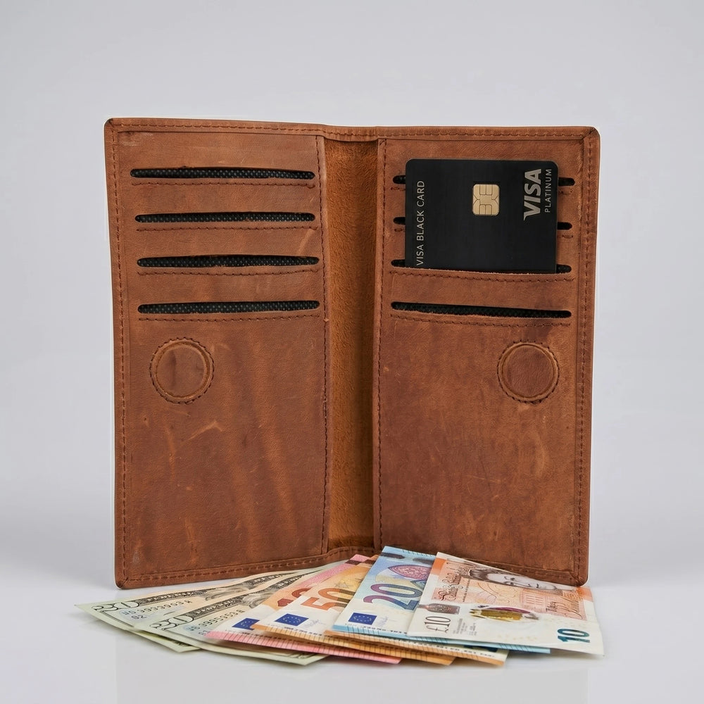 Men's long leather wallet with magnetic close in Cognac Warm Brown | Leathery