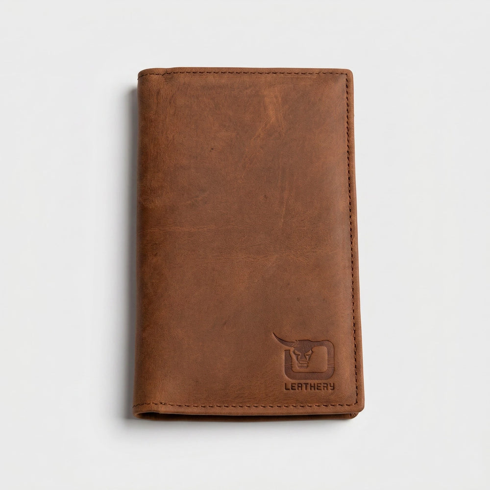 Men's long leather wallet with magnetic close in Cognac Warm Brown | Leathery
