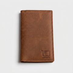 Men's long leather wallet with magnetic close in Cognac Warm Brown | Leathery
