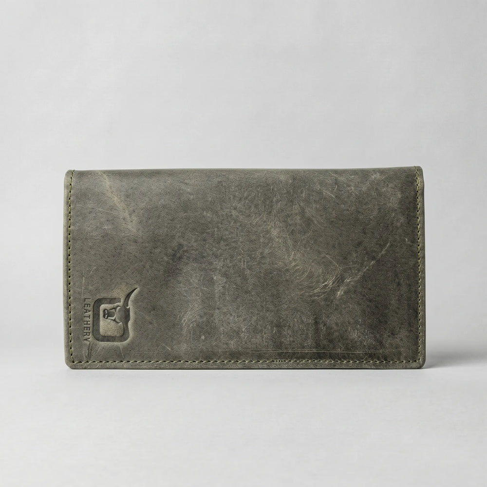 Men's long leather wallet with magnetic close in Olive Grey | Leathery