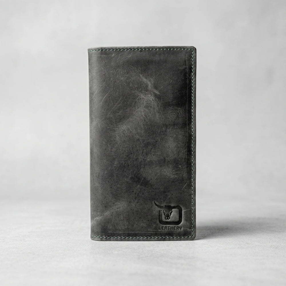 Men's long leather wallet with magnetic close in Olive Grey | Leathery