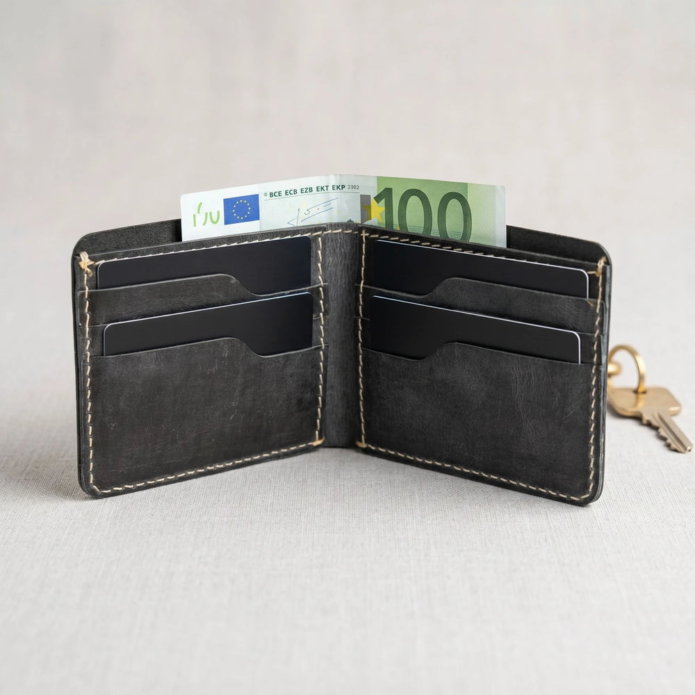 Men's dollar size bifold leather wallet in Charcoal Black | Leathery