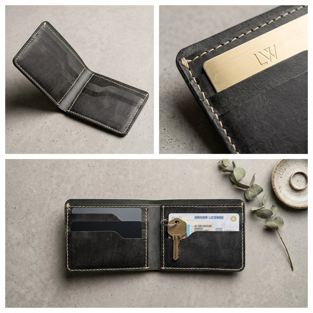 Men's dollar size bifold leather wallet in Charcoal Black | Leathery