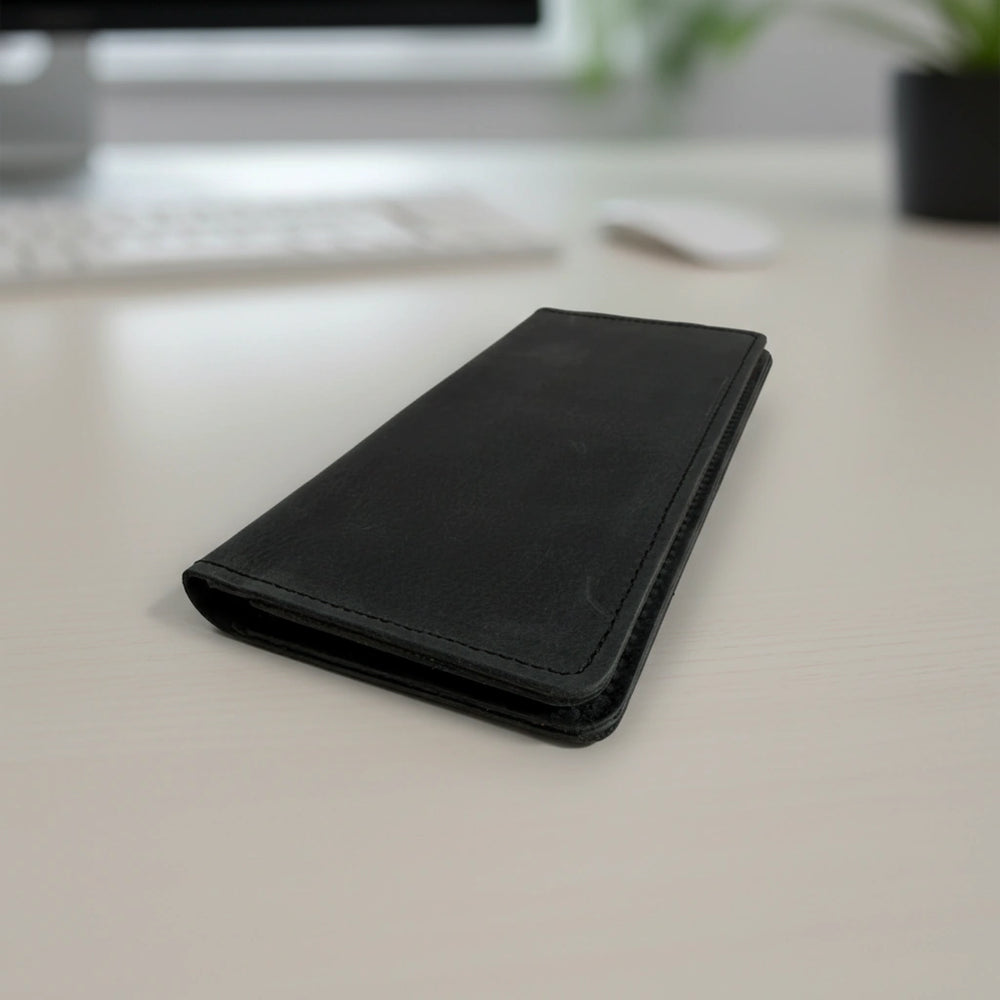 Men's bifold long leather wallet in Charcoal Black | Leathery