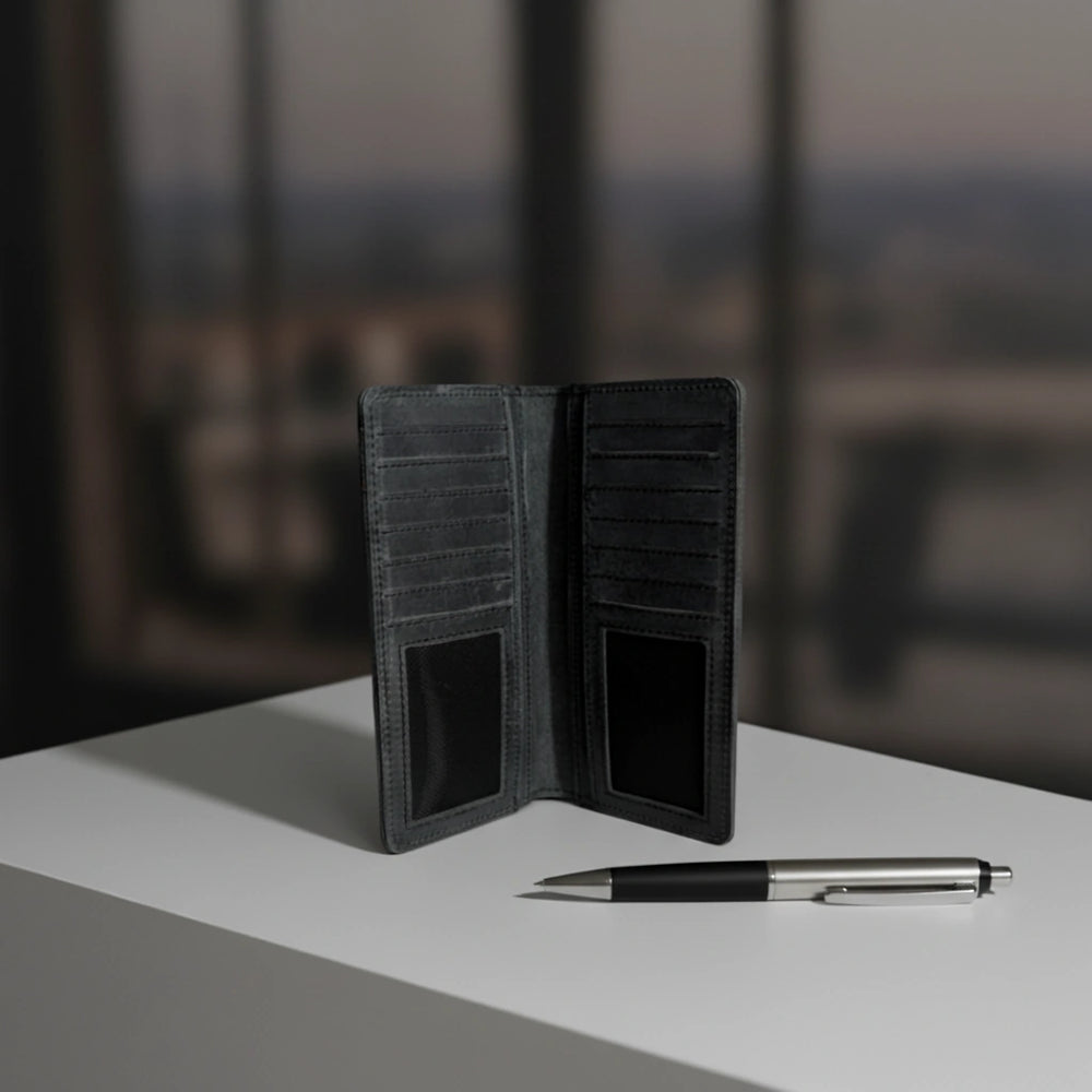 Men's bifold long leather wallet in Charcoal Black | Leathery