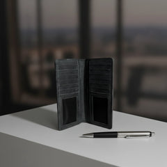 Men's bifold long leather wallet in Charcoal Black | Leathery