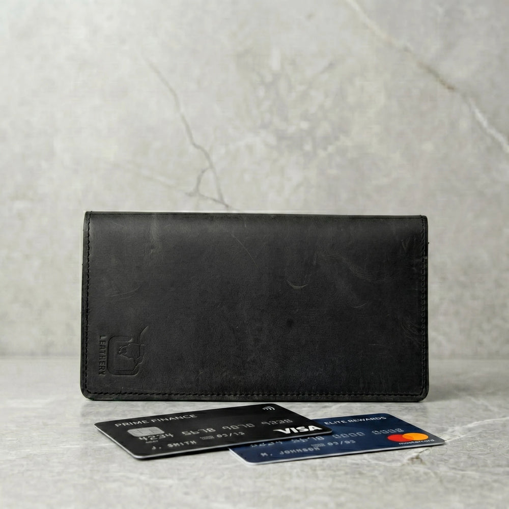 Men's bifold long leather wallet in Charcoal Black | Leathery