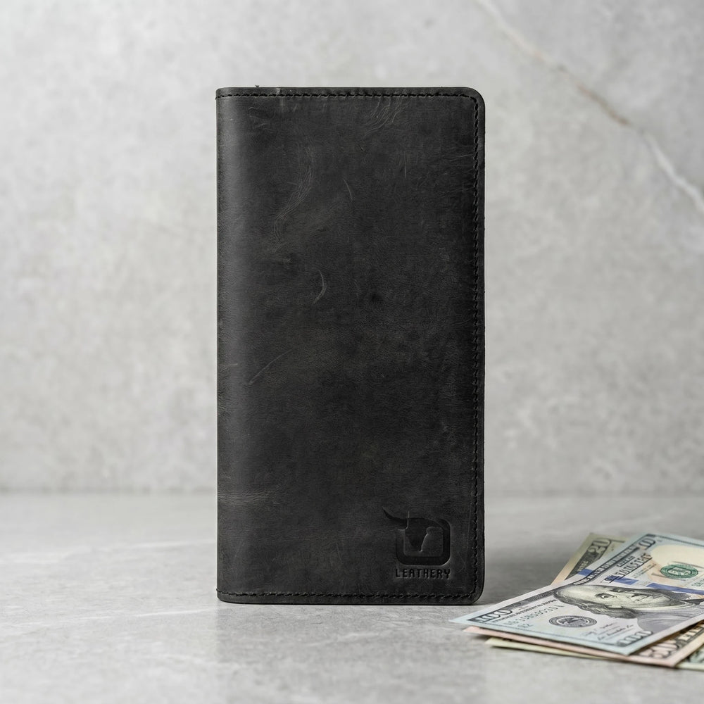 Men's bifold long leather wallet in Charcoal Black | Leathery