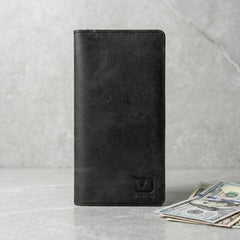 Men's bifold long leather wallet in Charcoal Black | Leathery