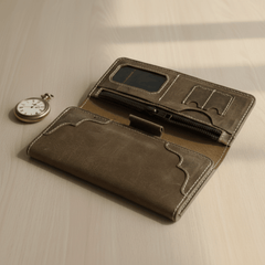 Long Unisex Leather Trifold Wallet with Magnet Lock | Vintage Classic