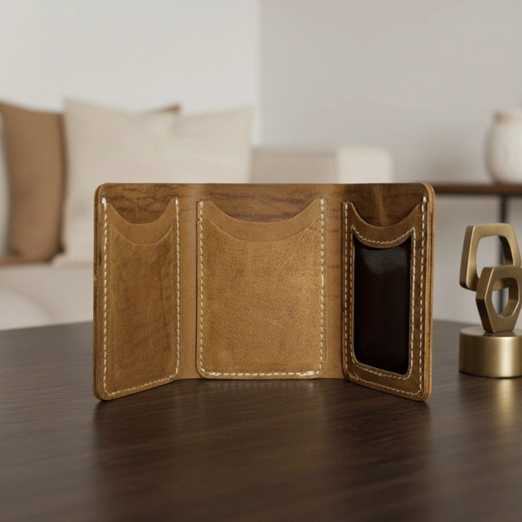 Men's small trifold leather wallet in Amber Saddle | Leathery