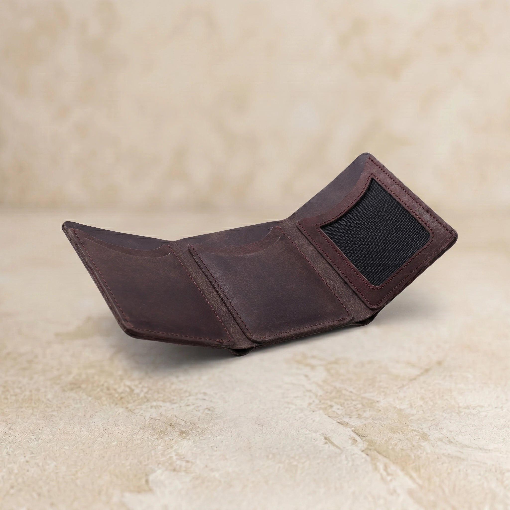 Men's small trifold leather wallet in Dark Burgundy Oxblood | Leathery