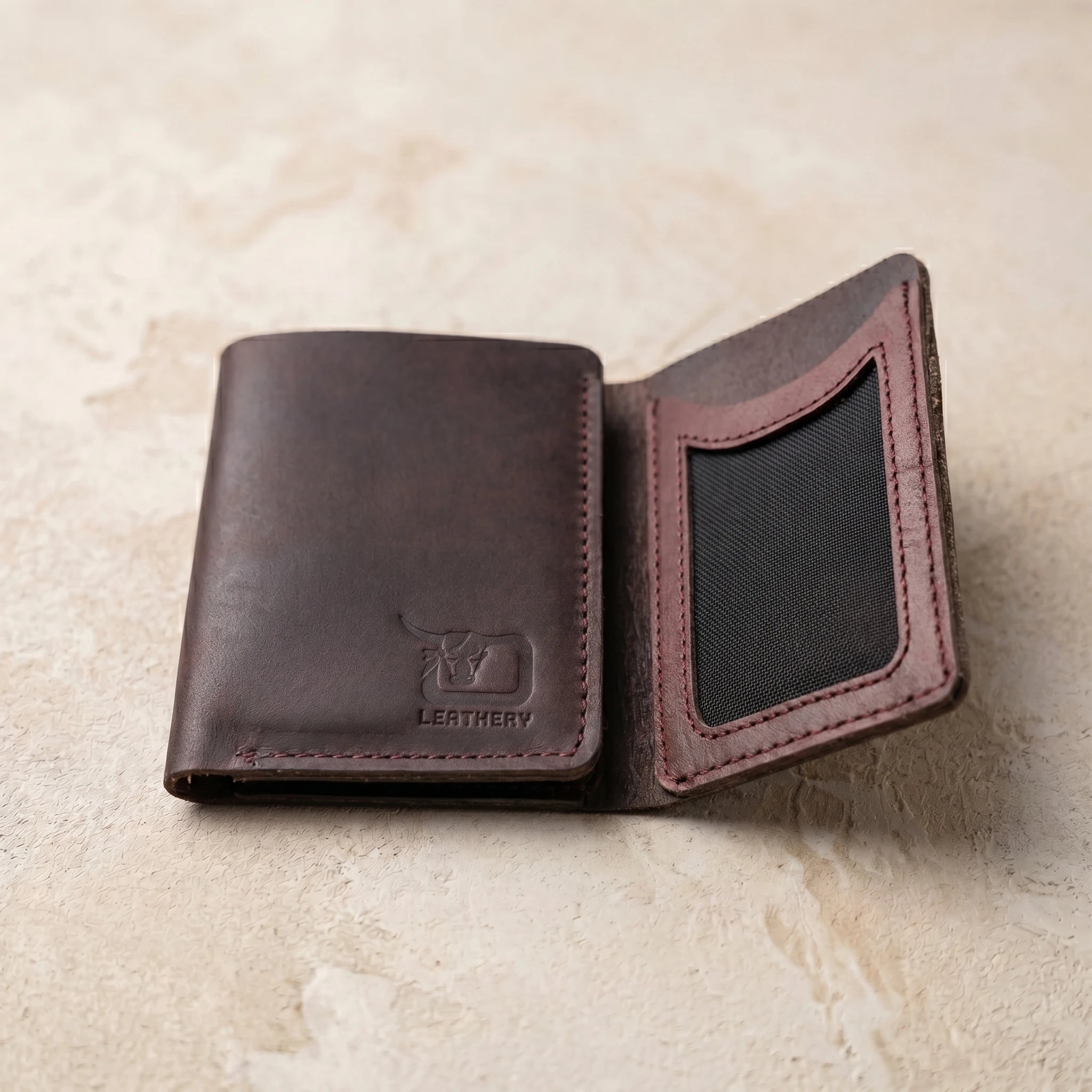 Men's small trifold leather wallet in Dark Burgundy Oxblood | Leathery