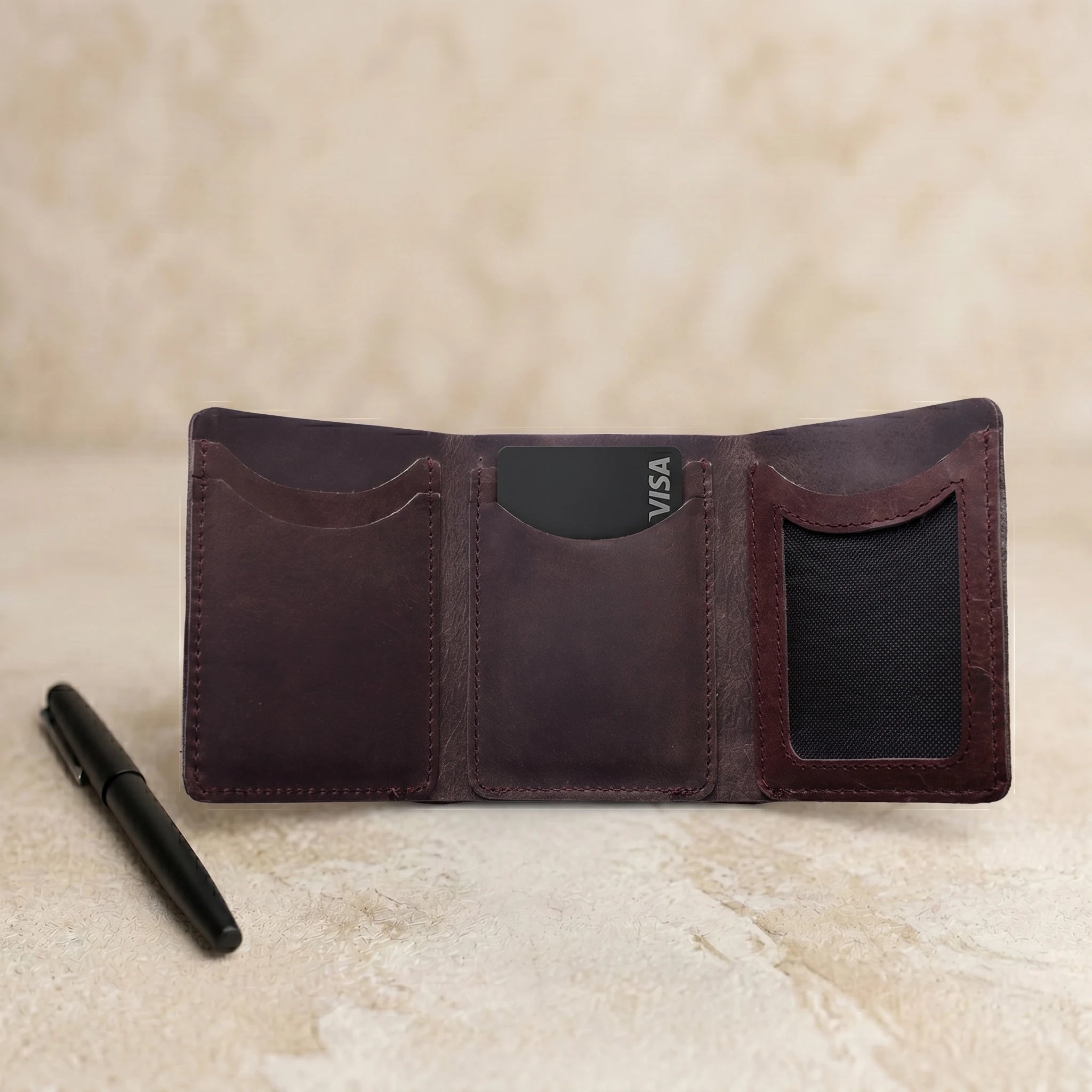 Men's small trifold leather wallet in Dark Burgundy Oxblood | Leathery