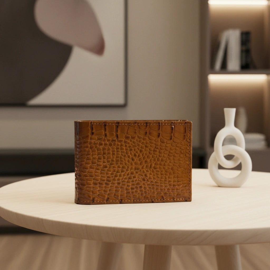 Dollar size textured leather wallet in Glossy Golden Brown | Leathery