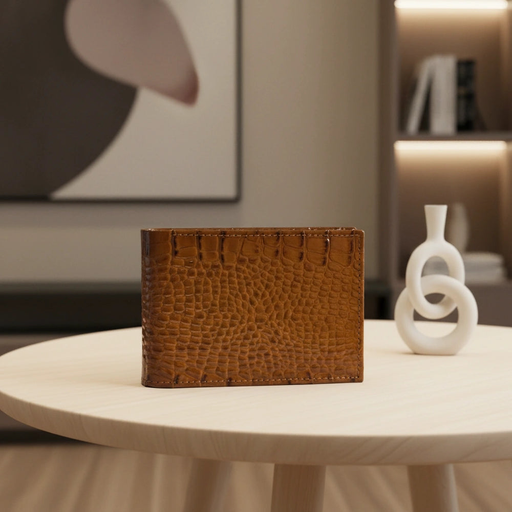 Dollar size textured leather wallet in Glossy Golden Brown | Leathery