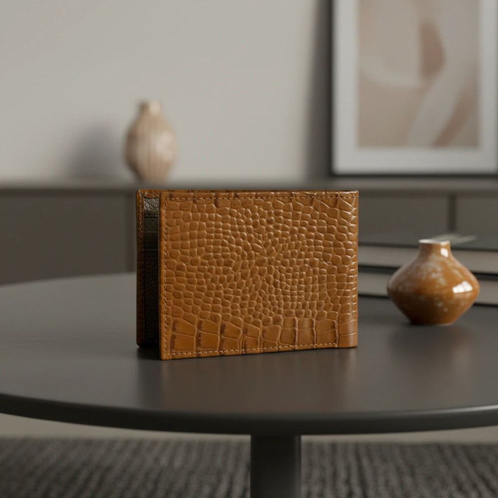 Dollar size textured leather wallet in Glossy Golden Brown | Leathery
