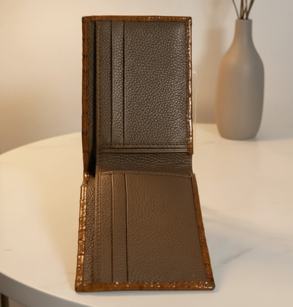 Dollar size textured leather wallet in Glossy Golden Brown | Leathery