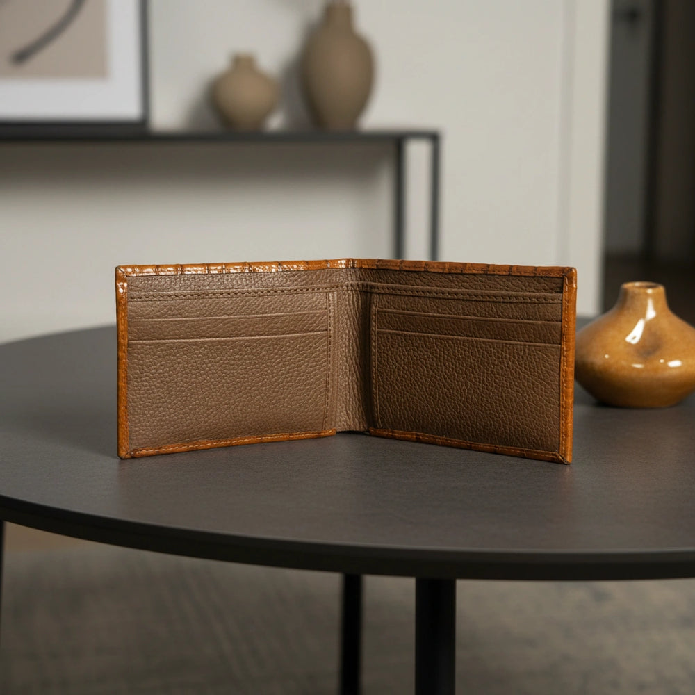 Dollar size textured leather wallet in Glossy Golden Brown | Leathery